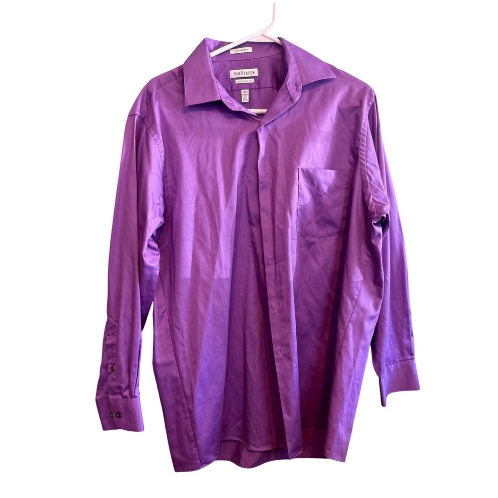 Van Heusen Mens Purple Sateen Regular Fit Wrinkle Free Dress Shirt 16.5 32/33